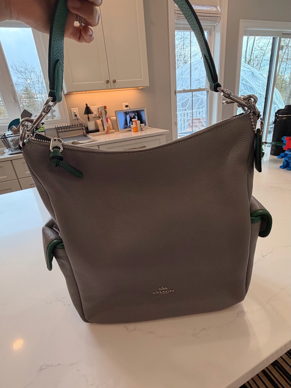 Coach Pebbled Leather Shoulder Hobo in Gray with Green Trim